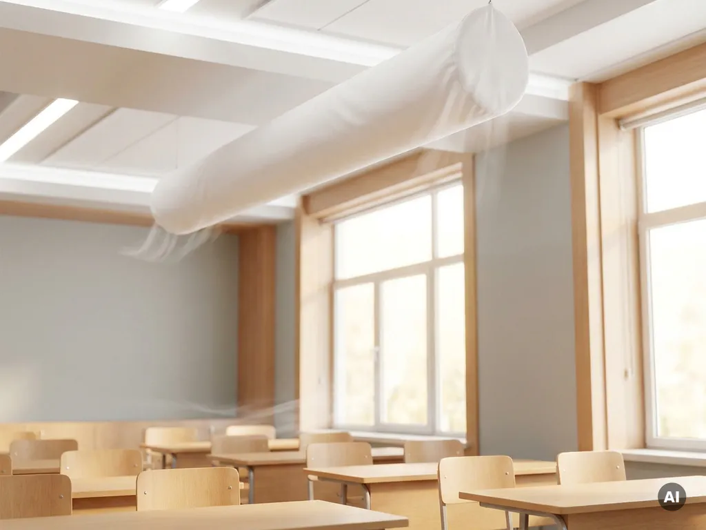 White fabric ventilation sock distributing air over empty wooden desks in a sunlit modern classroom.
