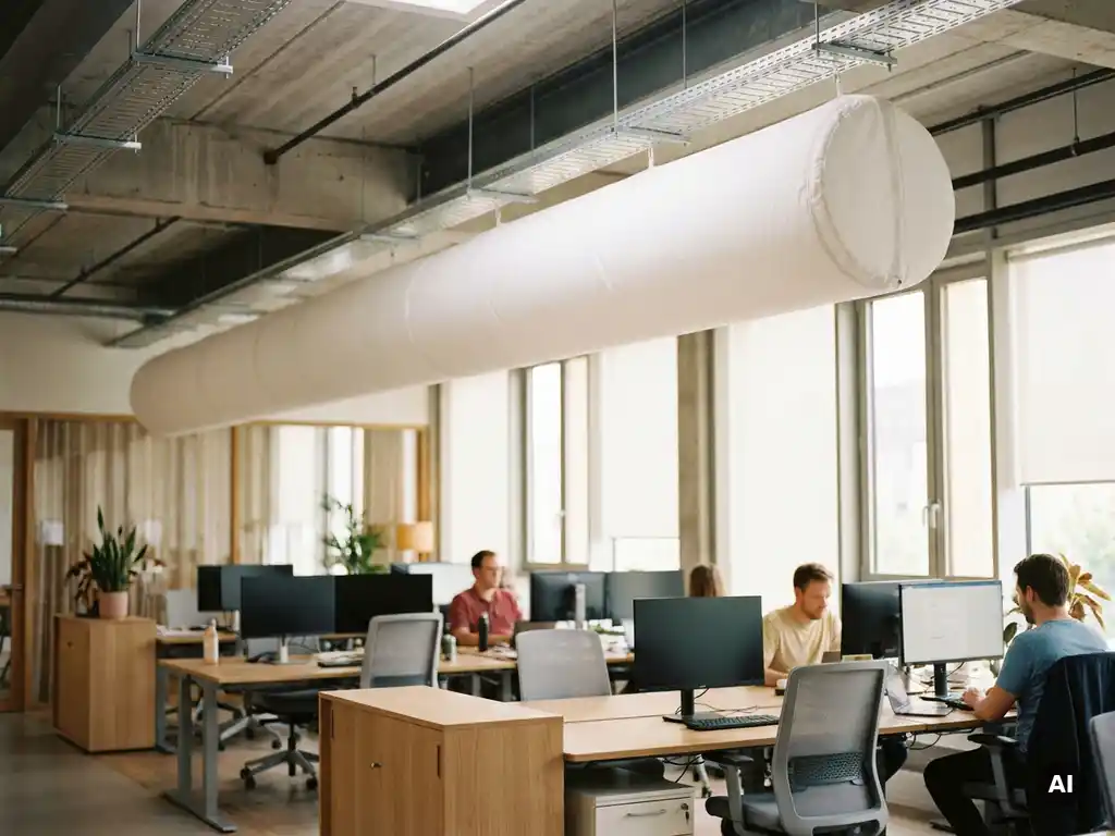 White fabric ventilation sock suspended from a modern open-plan office ceiling, distributing draught-free air over ergonomic workstations below.