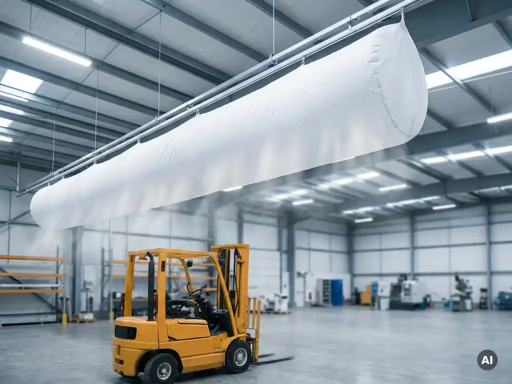 White fabric ventilation sock suspended from warehouse ceiling above a yellow forklift, diffusing air in a large industrial hall.