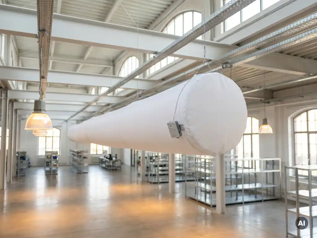 White textile ventilation sock hanging from a commercial hall ceiling with a CO2 sensor clipped onto the fabric duct.