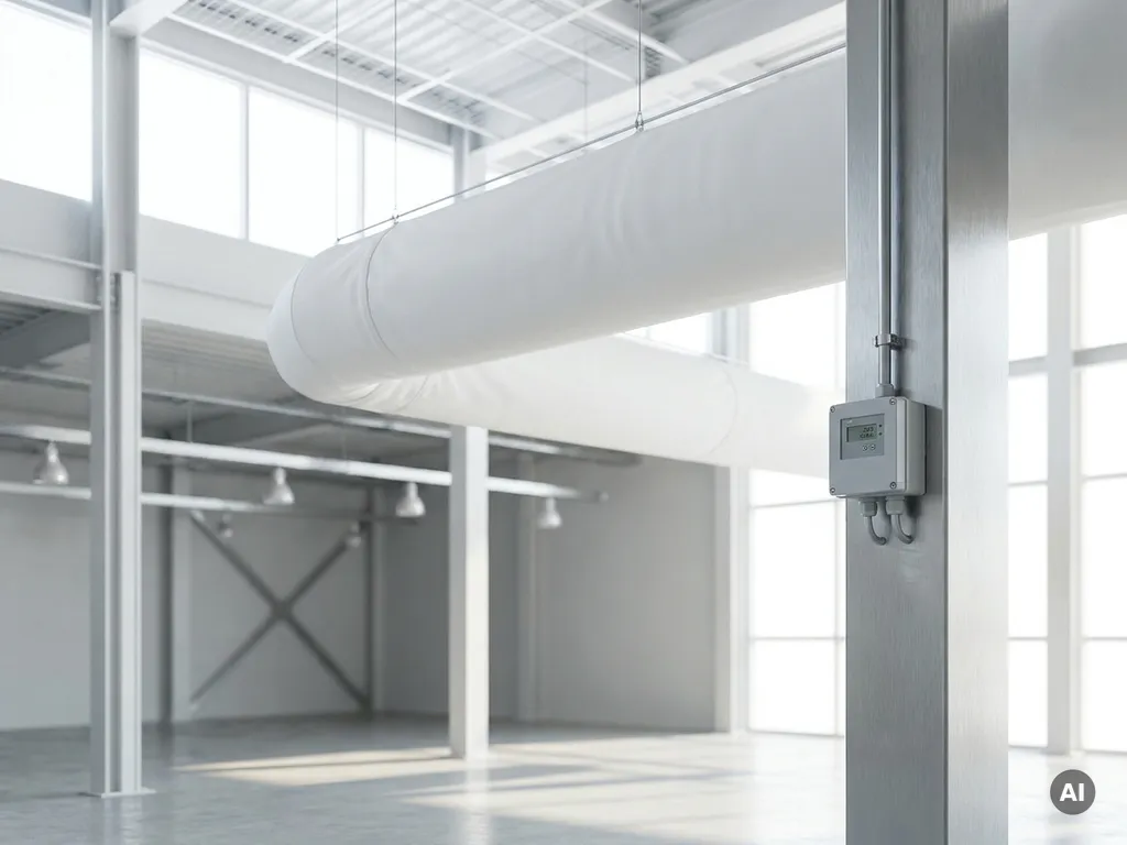 Weißer Textil-Luftverteilungsschlauch an Hallendeck neben CO2-Sensor an Stahlstütze in modernem Industriegebäude.