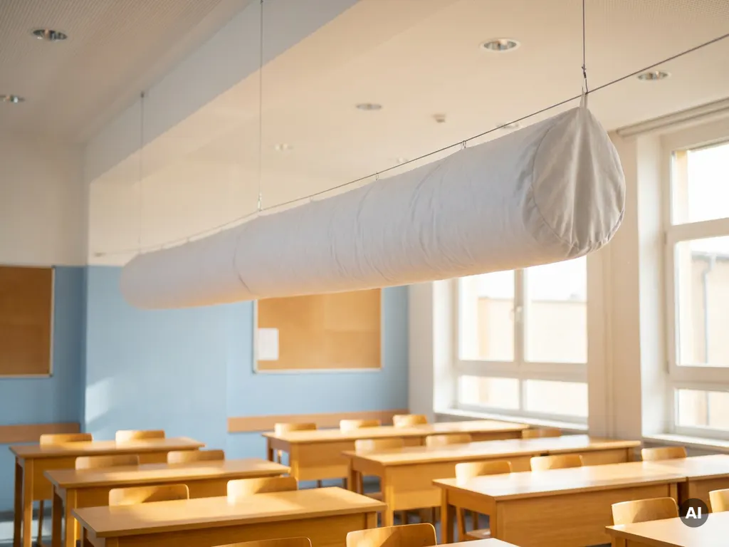 Weißer Textil-Luftverteilungsschlauch an Decke eines modernen Klassenzimmers mit Holztischen und natürlichem Licht.