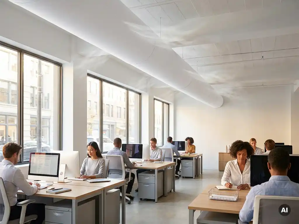 Textiler Lüftungsschlauch aus weißem Stoff an Bürodecke, der frische Luft gleichmäßig über Arbeitsplätze im Open-Plan-Büro verteilt.