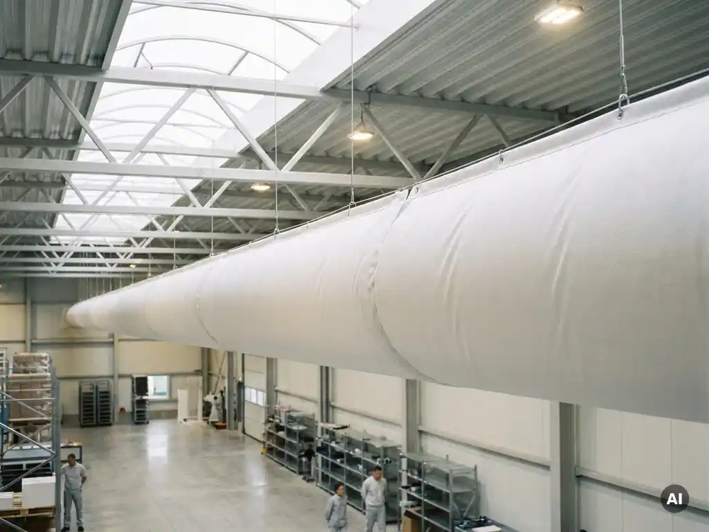 Weißer Textil-Luftkanal hängt von der Decke einer modernen Industriehalle mit sichtbarer Stahlkonstruktion.