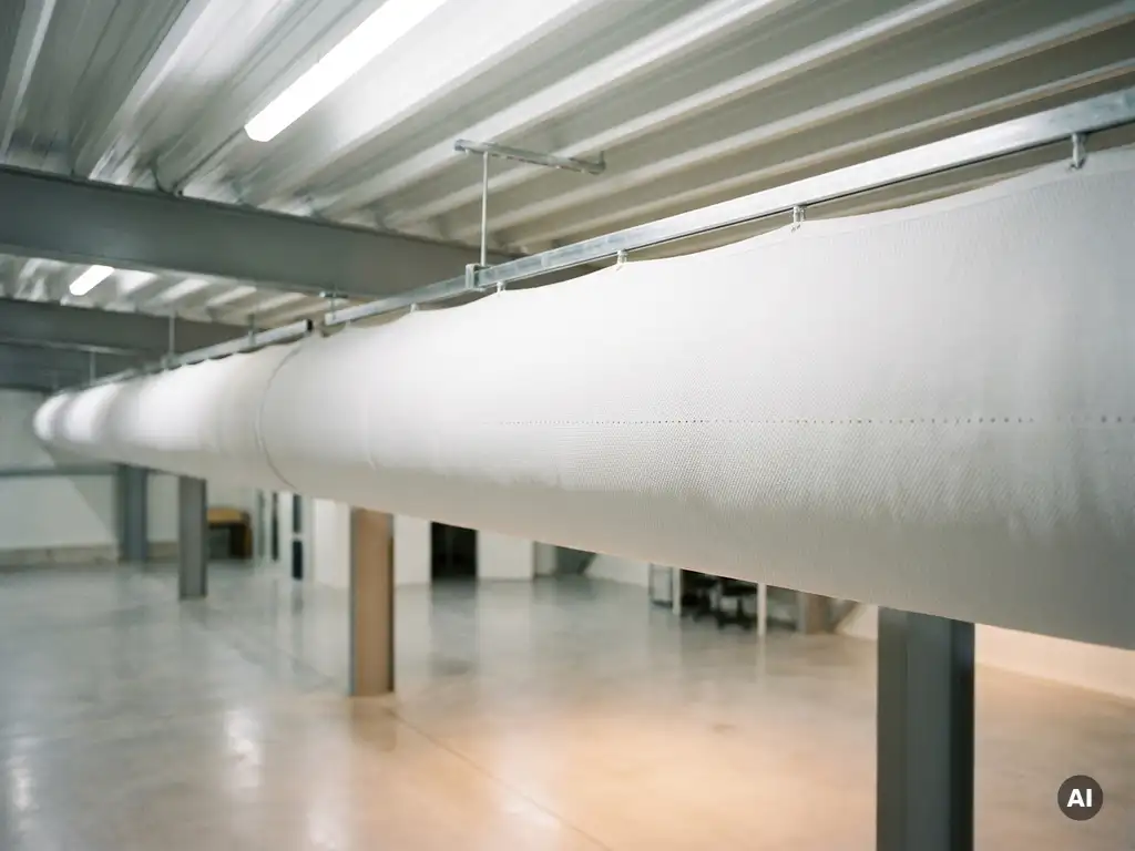 Weißer Textil-Luftverteiler hängt von Stahlschienen an einer Industriedecke und verteilt Luft gleichmäßig in einem modernen Hallenraum.