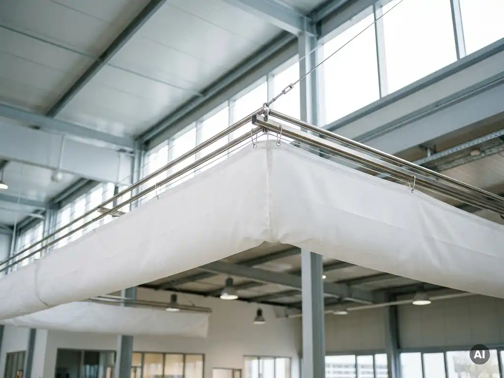 Weißer Textil-Luftverteilungsschlauch an Stahlschienen einer modernen Gewerbehalle, diffuses Tageslicht beleuchtet die glatte Stoffoberfläche.