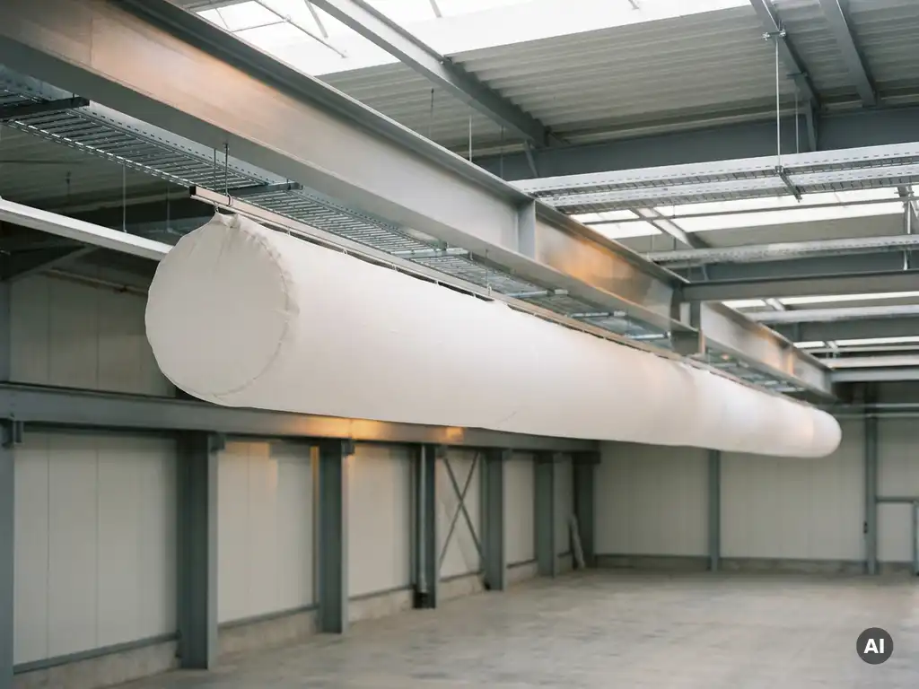 Weißer Textilluftschlauch hängt aufgeblasen von der Decke einer modernen Industriehalle mit Stahlträgern.