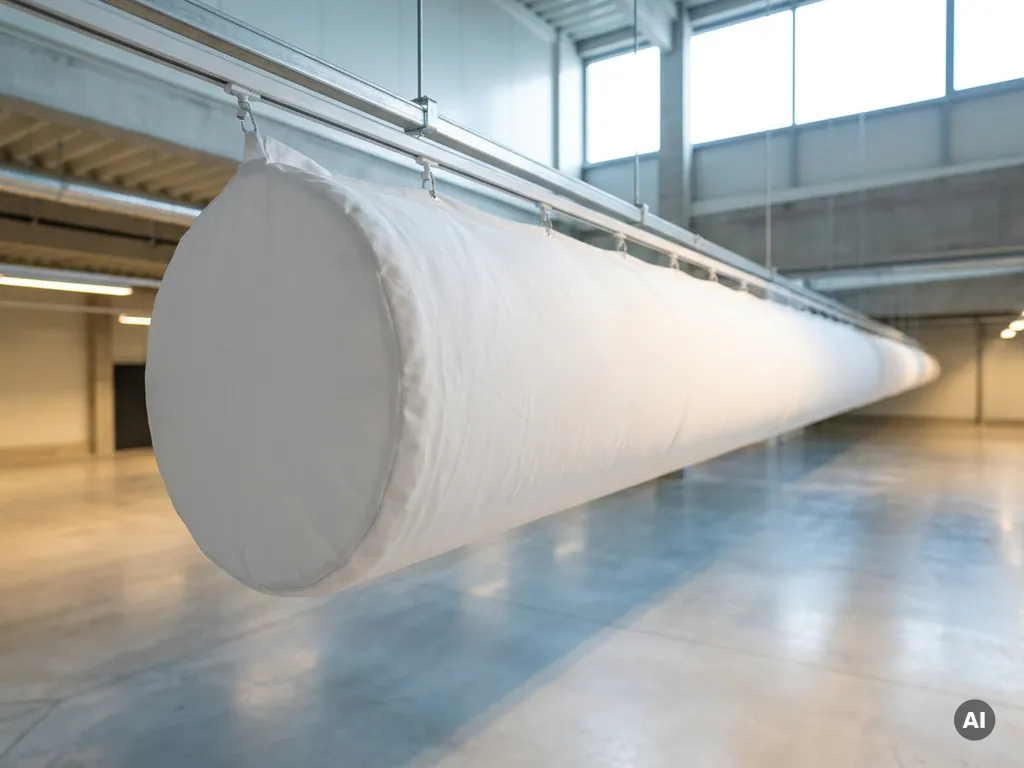 Weißer Textilluftschlauch an Industriedecke über poliertem Betonboden in moderner Gewerbehalle.