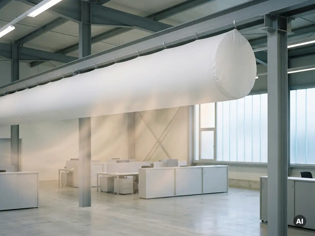 Weiße Textilluftverteilungssocke an der Decke einer modernen Industriehalle mit Stahlträgern im Hintergrund.