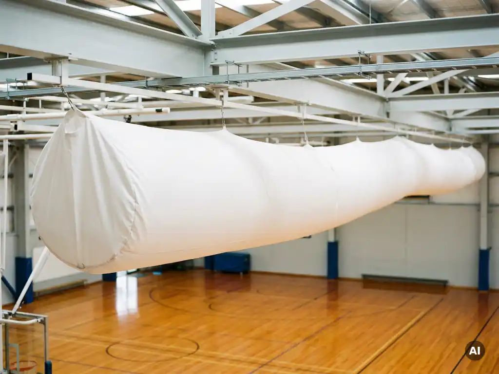 Weiße Textilluftverteilsocke in einer Sporthalle mit Stahlträgern und Holzparkett unter natürlichem Deckenlicht.