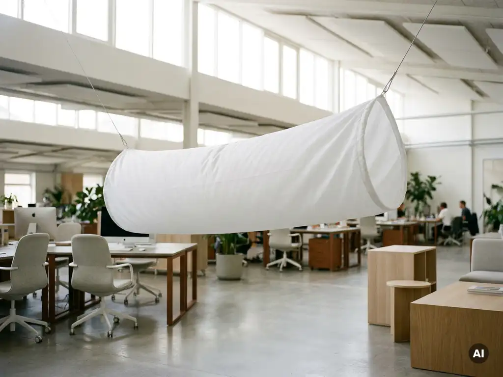 Weiße Textil-Luftsocke zur gleichmäßigen Luftverteilung in einem modernen Büro mit offener Decke.