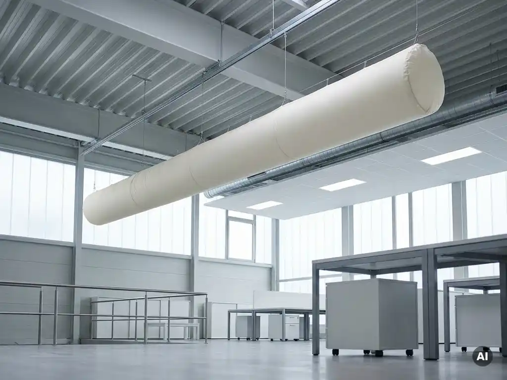 Weißer Textil-Luftschlauch hängt gespannt von einer Hallendecke und verteilt Luft gleichmäßig im modernen Innenraum.