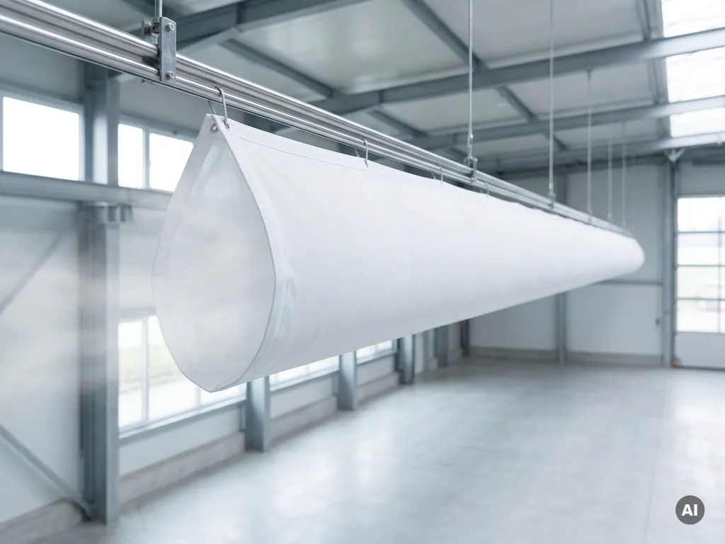 Weiße Textil-Luftverteilungsschlauch in einer modernen Industriehalle mit Stahlschienen und gleichmäßiger Luftverteilung.