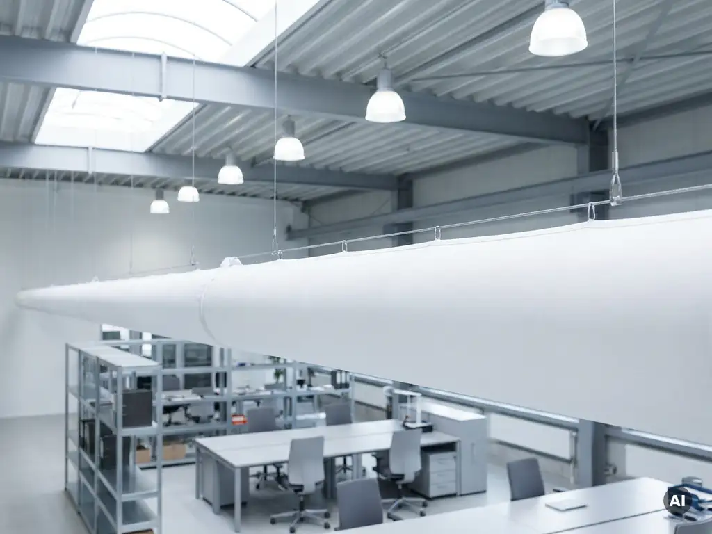 Weißer Textil-Luftsock hängt von der Decke einer modernen Industriehalle und verteilt Luft gleichmäßig im Arbeitsbereich.