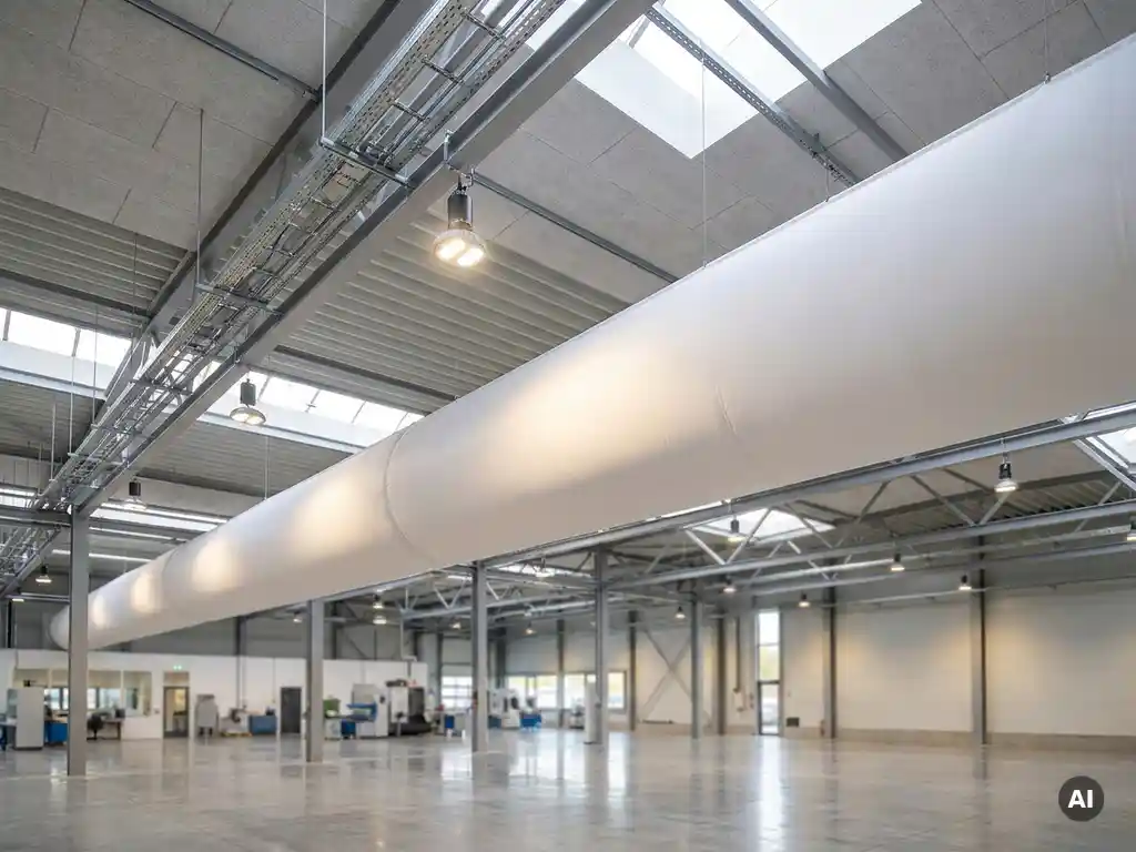 Weißer Textil-Luftverteilungsschlauch hängt von der Decke einer modernen Industriehalle mit Stahlkonstruktion.