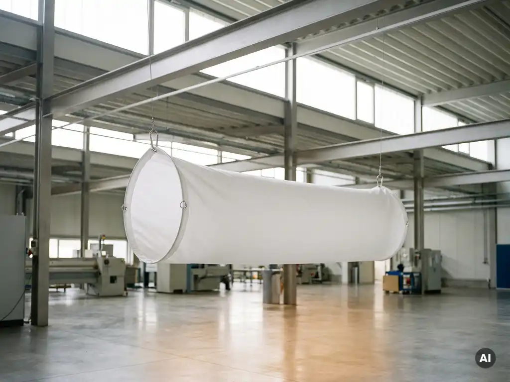 Weißer Textil-Luftverteilungsschlauch hängt von der Decke einer modernen Industriehalle mit Stahlträgern und Betonboden.