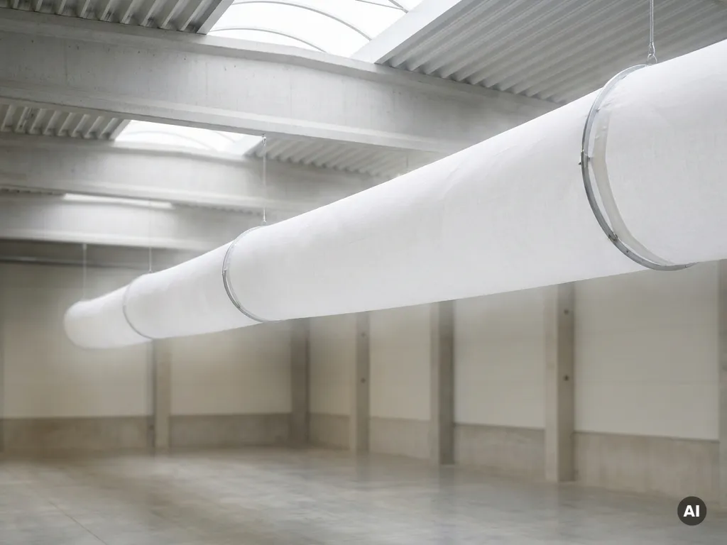 Weißer Textil-Luftverteilungsschlauch hängt von Industriedecke mit Stahlträgern, Luft diffundiert gleichmäßig durch das Gewebe.