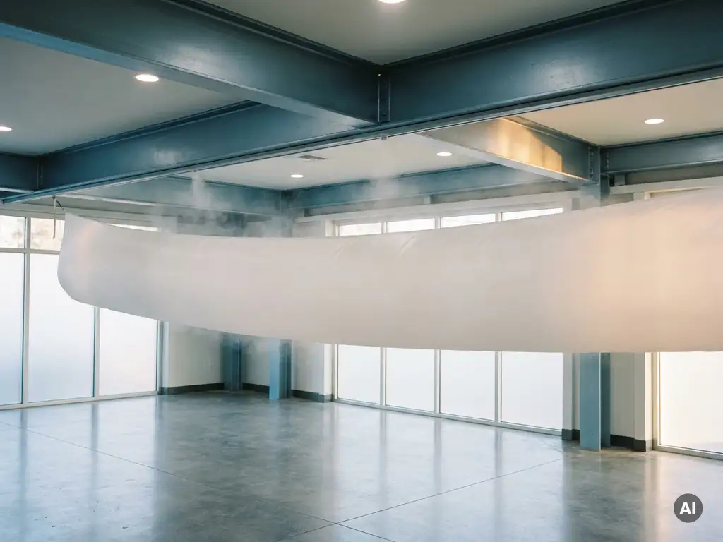 Weiße Textil-Luftsocke zur Luftverteilung hängt von der Decke einer modernen Industriehalle mit Stahlträgern.