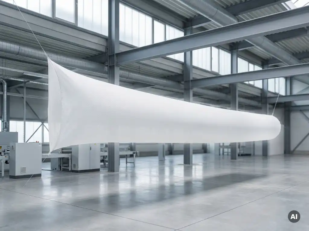 Weißer Textil-Luftverteiler hängt von der Decke einer modernen Industriehalle mit Stahlträgern.