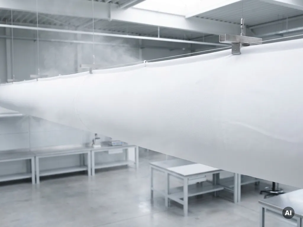 Weißer Textil-Luftverteiler hängt gespannt von der Decke einer hellen Industriehalle und verteilt Luft gleichmäßig im Arbeitsbereich.