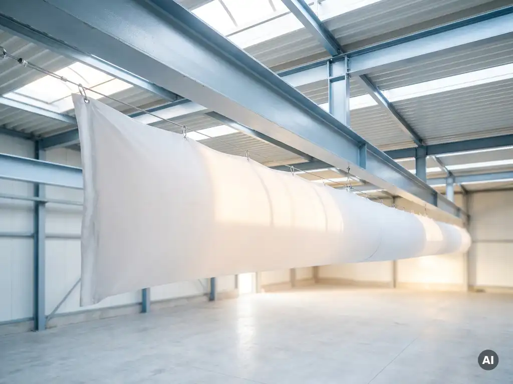 Weißer Textil-Lüftungsschlauch unter Stahlträgern einer modernen Industriehalle mit gleichmäßig diffusem Licht.