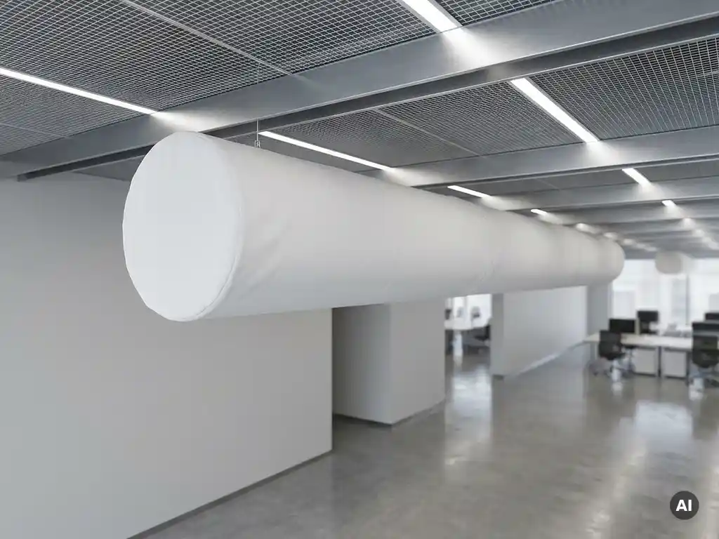 Weißer Textil-Luftverteiler hängt straff von einer modernen Decke und verteilt Luft gleichmäßig in einem hellen Gewerberaum.