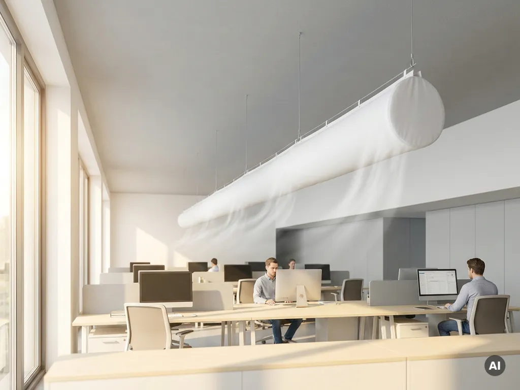 Weißer Textilluftsack an der Decke eines modernen Großraumbüros, der Frischluft gleichmäßig über Arbeitsplätze verteilt.