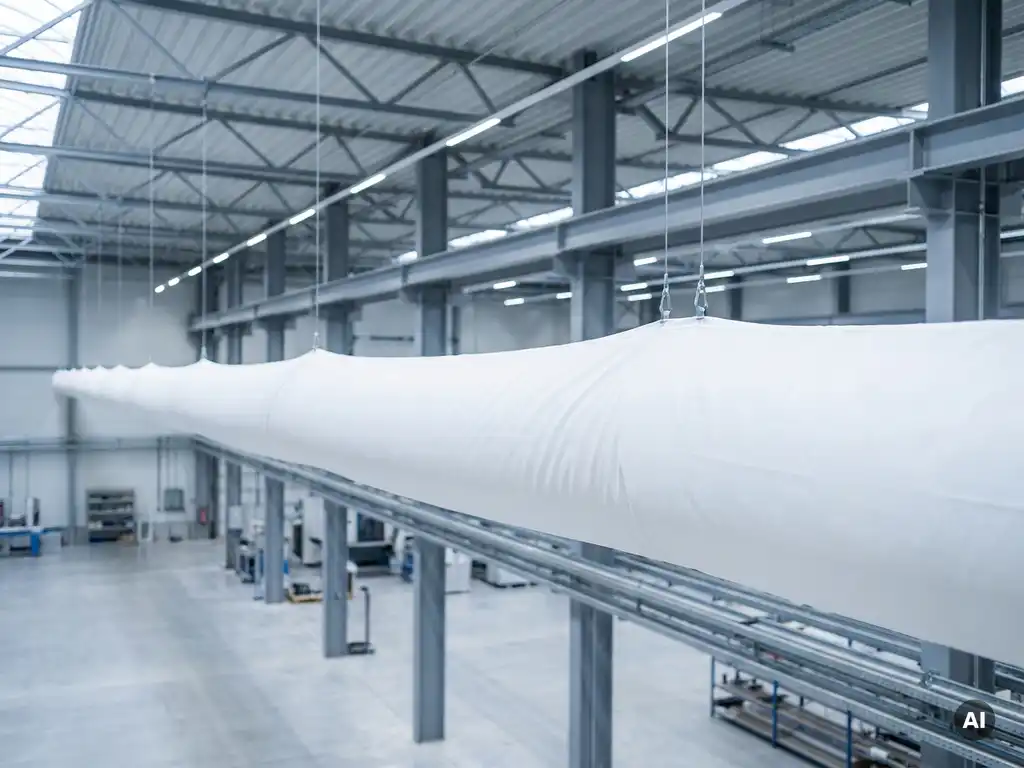 White textile air distribution sock suspended from industrial hall ceiling, evenly diffusing airflow across a large open space.