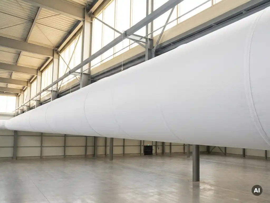 White fabric ventilation sock suspended from steel-beamed commercial hall ceiling, distributing air across a bright modern interior.