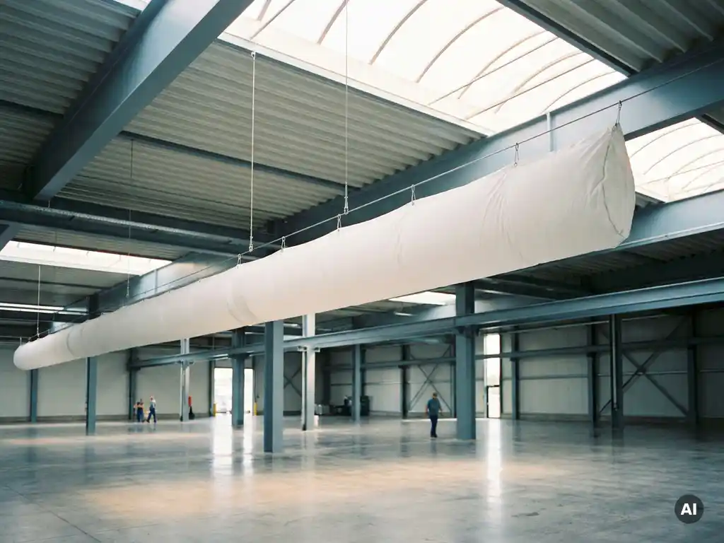 White fabric ventilation sock suspended from a modern production hall ceiling above a polished concrete floor.