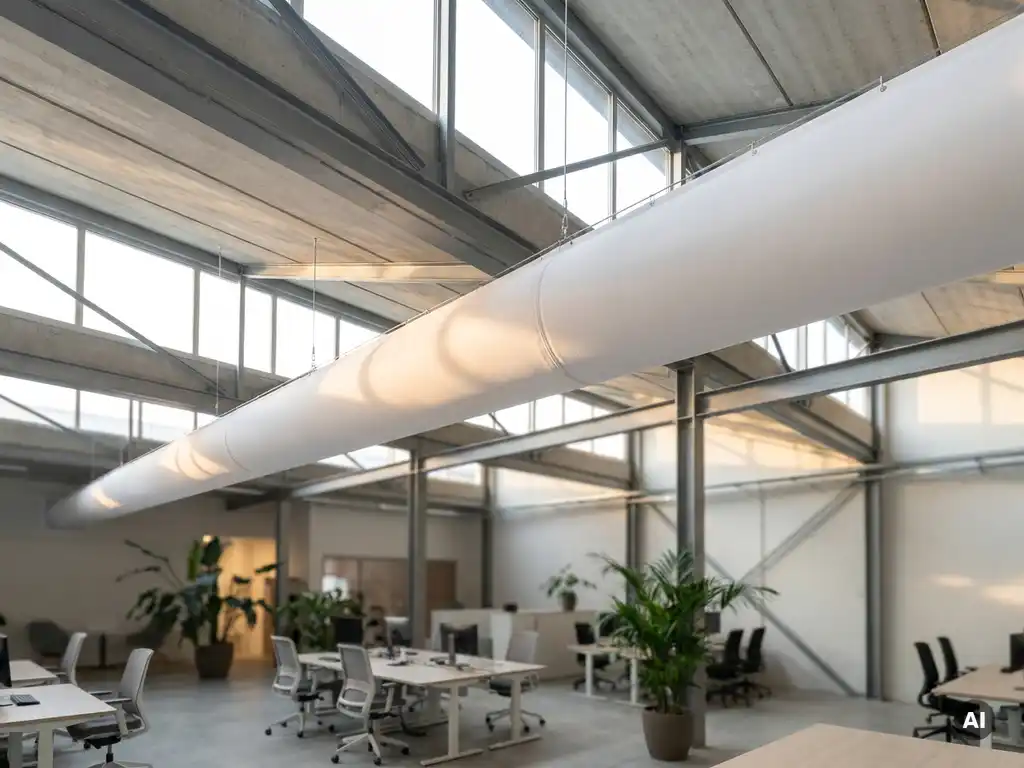 White fabric ventilation sock suspended from industrial hall ceiling, evenly diffusing fresh air across a modern workspace with steel beams.