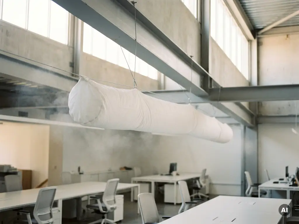 White textile ventilation sock suspended from industrial hall ceiling, diffusing air across a modern workspace with steel grey structural beams.