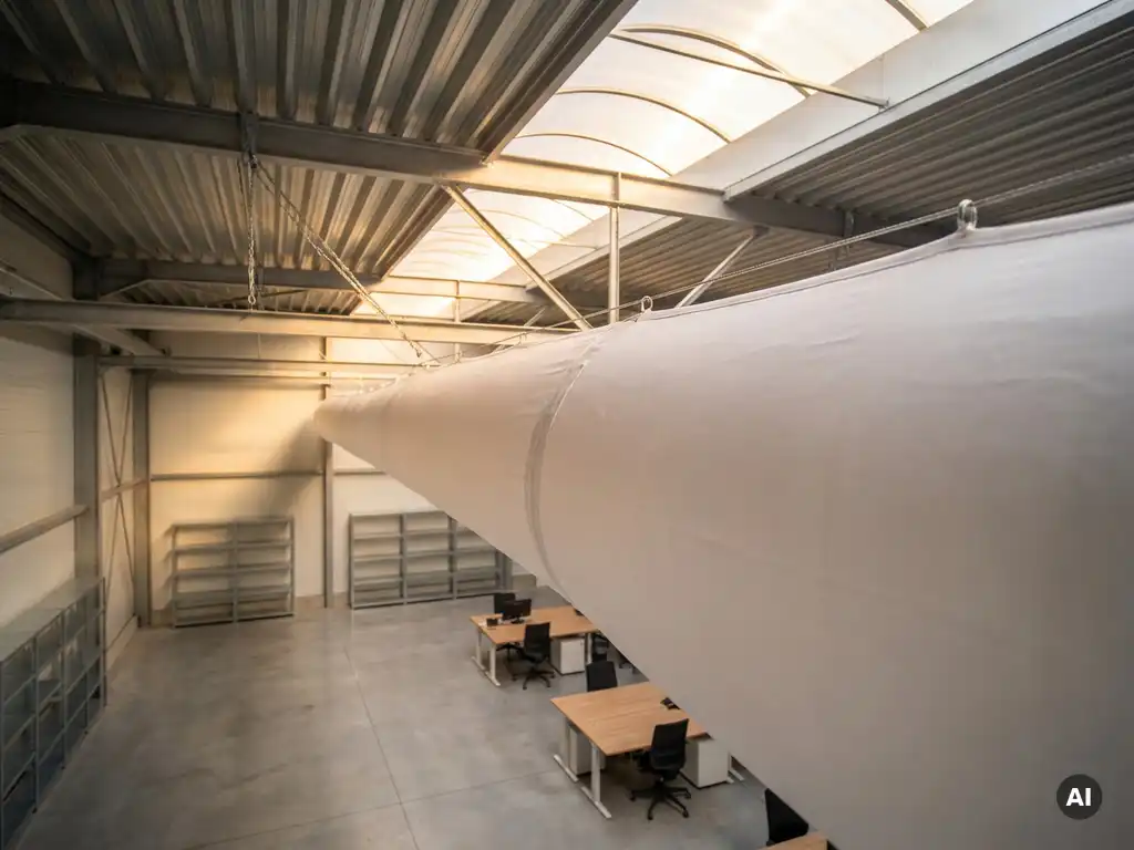 White textile ventilation sock suspended from industrial hall ceiling, diffusing air over workspace with steel trusses and skylight above.