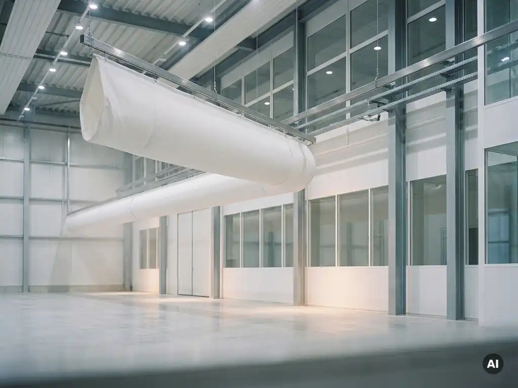 White textile ventilation sock suspended from steel ceiling rails in a modern industrial hall with polished concrete floor.