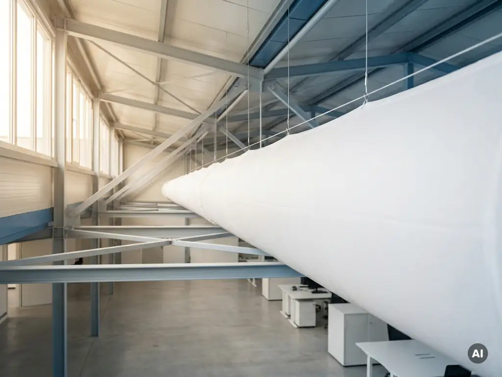 White textile ventilation sock suspended from industrial hall ceiling with steel roof trusses and natural daylight streaming through high windows.
