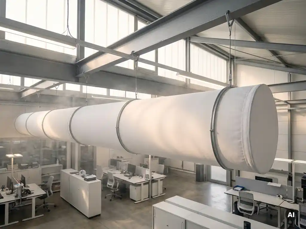White textile ventilation sock suspended from industrial hall ceiling, evenly diffusing air across a modern workspace with steel grey structural beams.