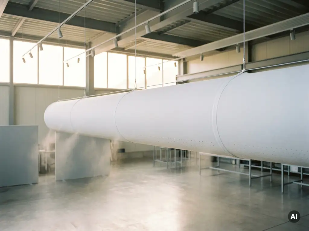 White fabric ventilation sock suspended from industrial ceiling, evenly diffusing air across a modern commercial hall interior.