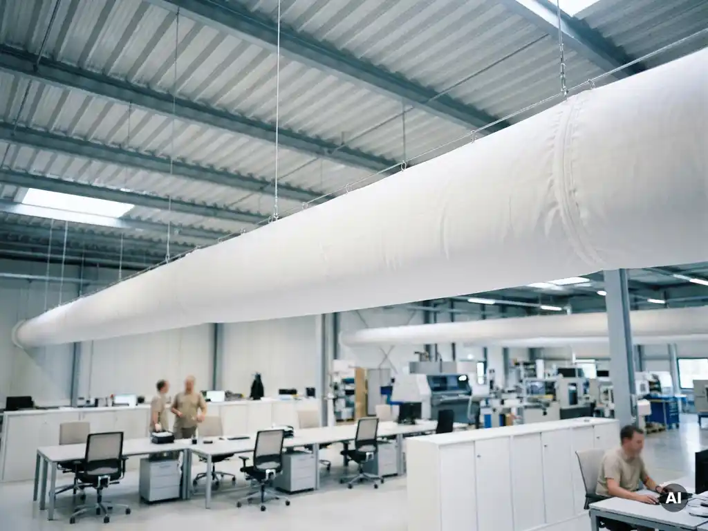 White fabric ventilation sock suspended from an industrial hall ceiling, evenly distributing air across a modern workspace below.