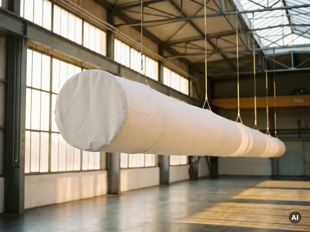 White textile ventilation sock suspended from an industrial hall ceiling, warm golden light streaming through tall windows onto a concrete floor.