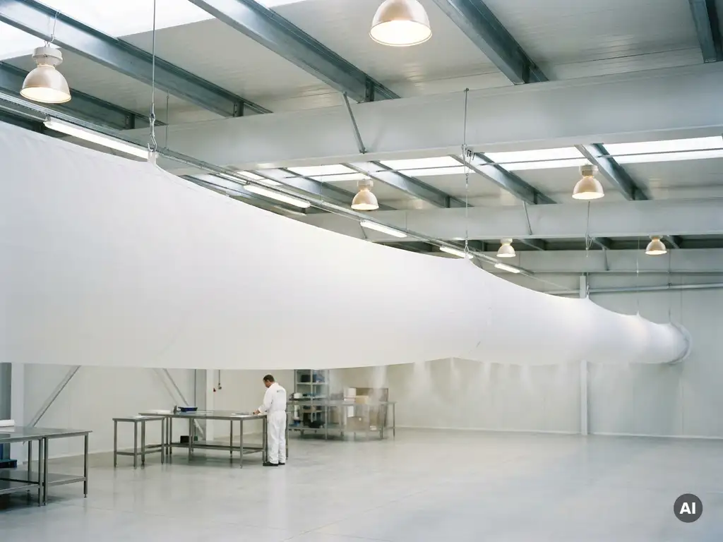 White textile ventilation sock suspended from industrial hall ceiling, evenly distributing airflow across a clean open workspace with steel beams above.