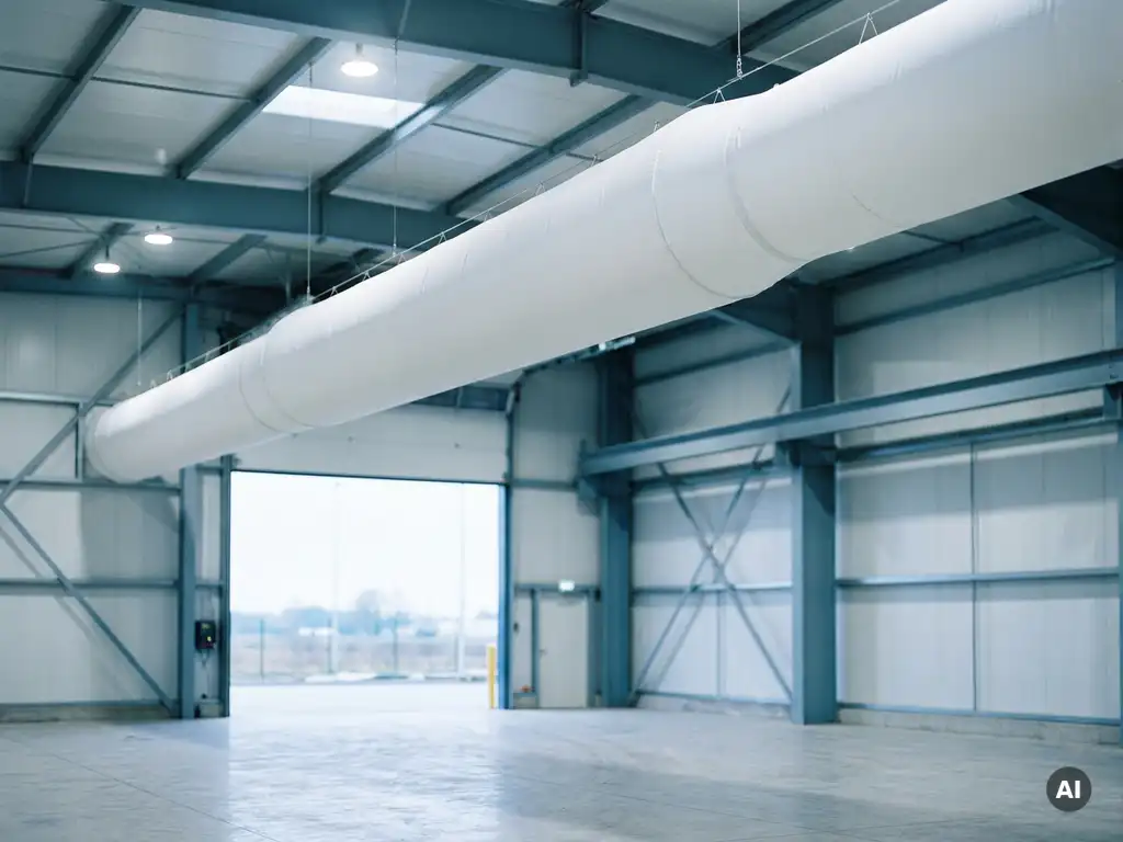 White textile ventilation sock suspended from an industrial hall ceiling, with a large gate opening letting in natural daylight.
