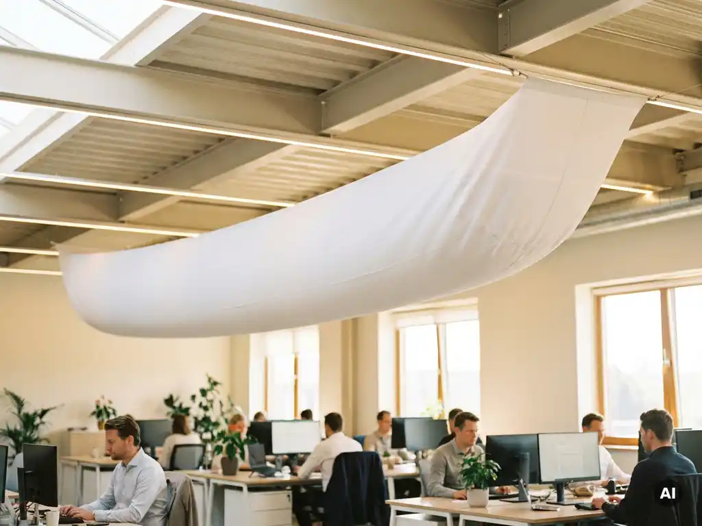 White fabric ventilation sock suspended from a commercial hall ceiling, diffusing air over employees working at desks below.