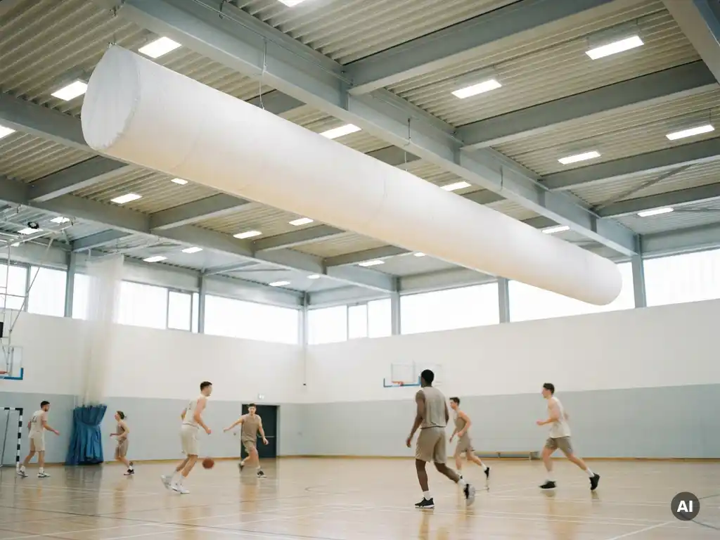 White textile ventilation sock suspended from a sports hall ceiling above athletes playing on a polished wooden court.