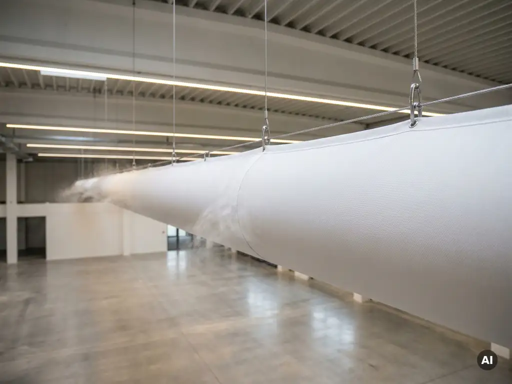Weißer Textil-Luftverteiler-Sockenschlauch hängt an Stahlseilen von der Decke einer modernen Gewerbehalle.
