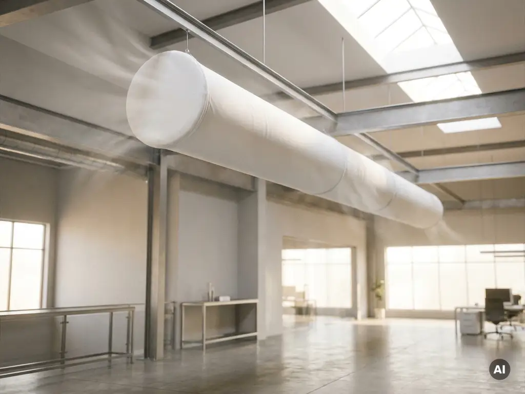 Weißer Textil-Luftverteilerschlauch hängt von der Decke einer modernen Gewerbehalle und verteilt die Luft gleichmäßig.