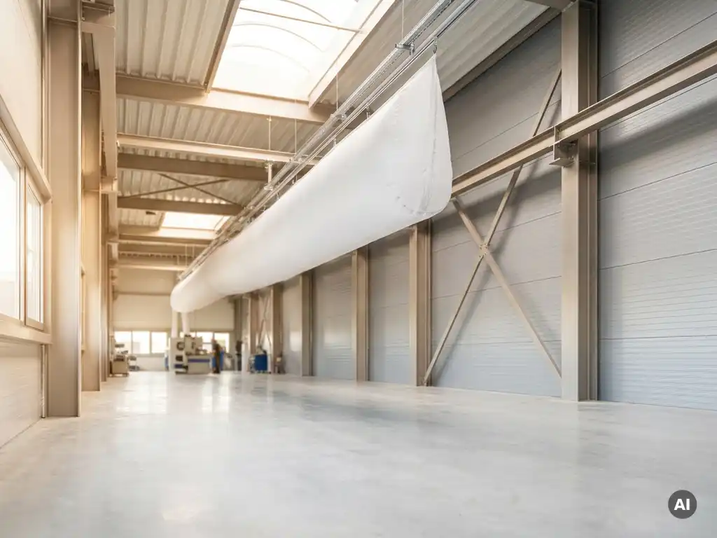 Weißer Textil-Luftverteilungsschlauch hängt von der Decke einer modernen Industriehalle mit Stahlträgern.