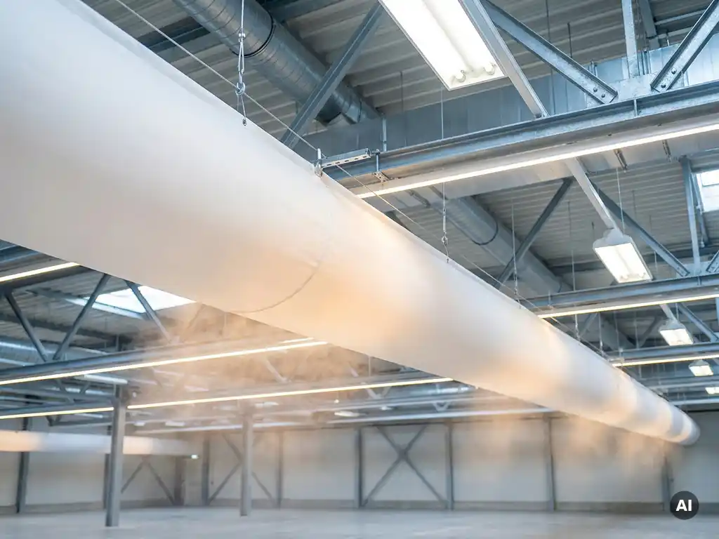 Weißer Textil-Luftverteilungsschlauch hängt von der Decke einer Industriehalle, Luft strömt gleichmäßig durch das permeable Gewebe.