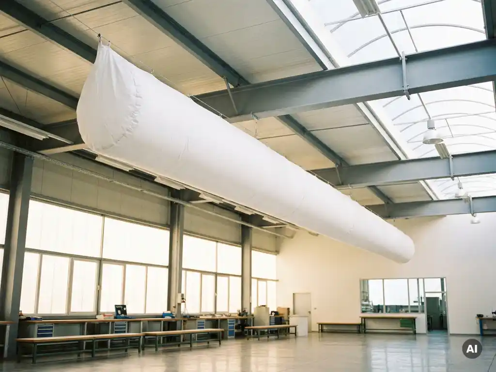 Weißer Textil-Luftverteilungsschlauch an Industriehallendecke mit Stahlträgern über hellem, sauberem Arbeitsbereich.