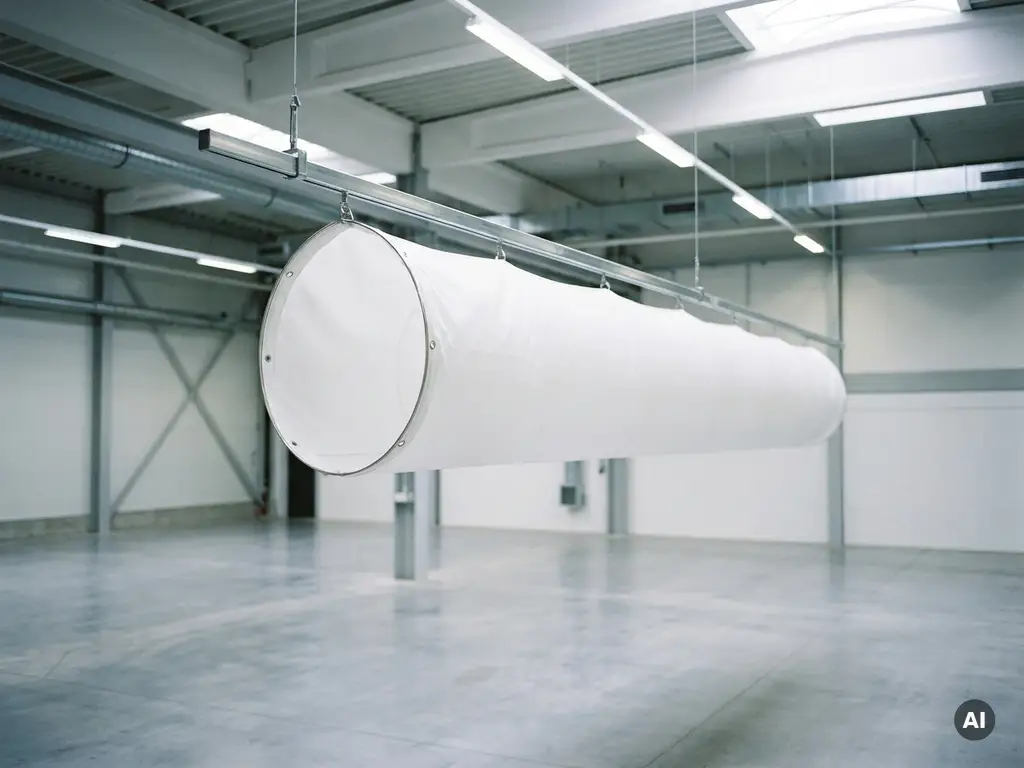 Weiße Textil-Luftverteilungsleitung hängt von der Decke einer modernen Industriehalle mit Betonboden.