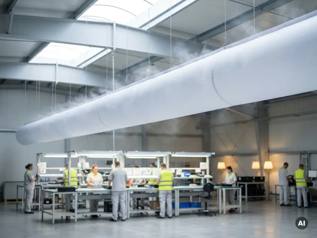 Weißer Textilluftschlauch an Industriehallendecke verteilt gleichmäßig Frischluft über beleuchtete Montagearbeitsplätze.